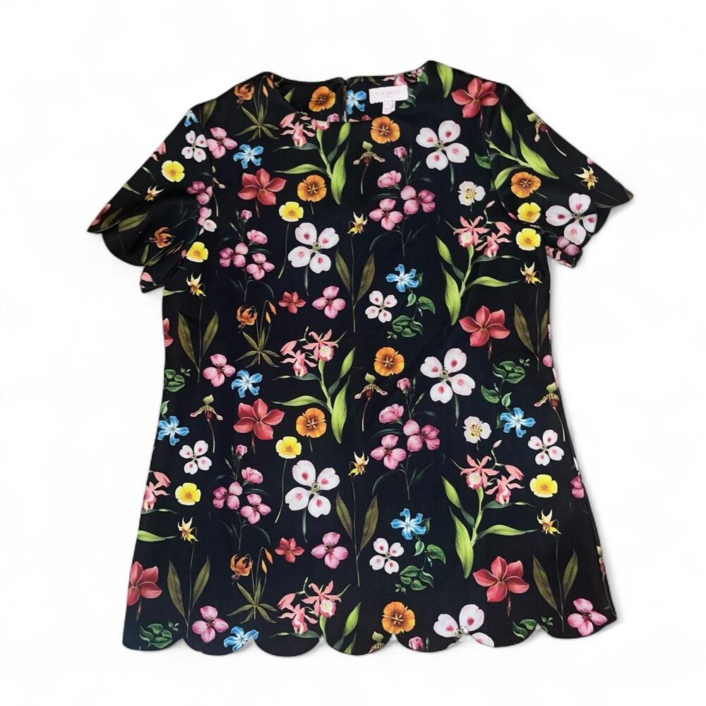 Ted Baker Women's Black Multicolored Floral Scallop Trim Blouse SZ 8-10